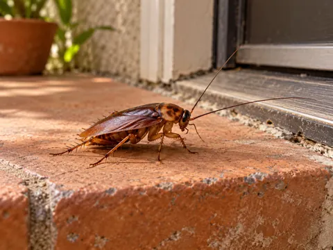 Illustration of a cockroach beside an exterior threshold