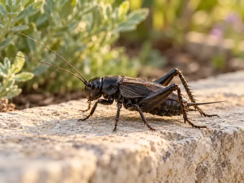 Illustration of a field cricket on a stone garden border