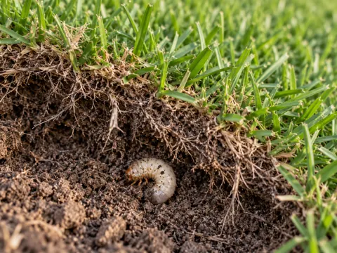 Illustration of a white grub beneath grass roots