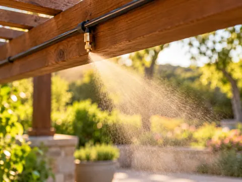 Illustration of a misting nozzle beneath a pergola