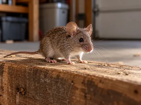 Illustration of a house mouse on a wooden garage beam