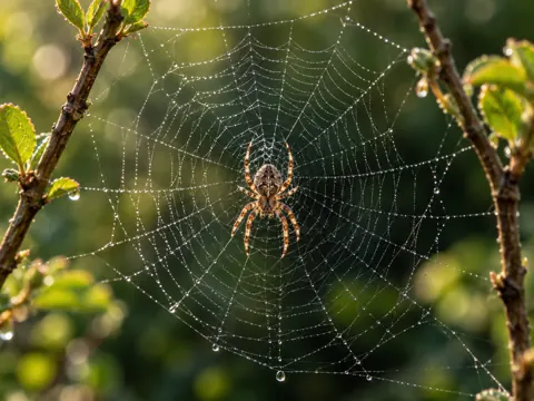 Illustration of an orb-weaver spider on a dewy web
