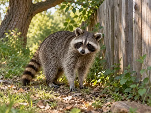 Illustration of a raccoon beside a cedar fence